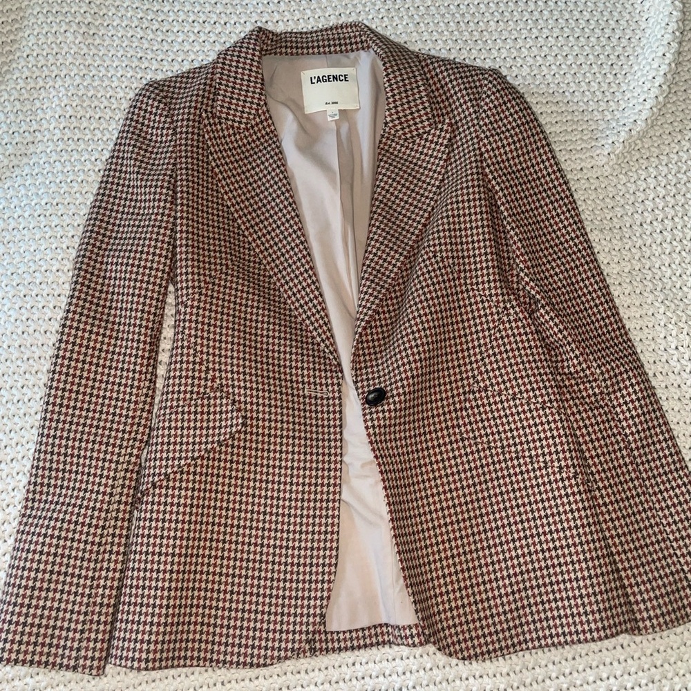 L'AGENCE Brown & Burgundy Houndstooth Blazer